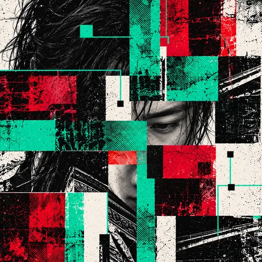 Hanxin。やや下を向く人物の目元に、翡翠・深紅・黒のコラージュ。